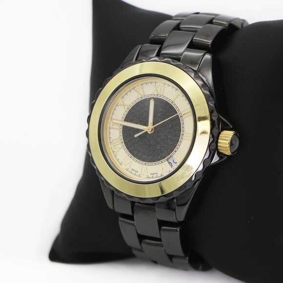 Vicence Swiss 14k Solid Gold Bezel Black Ceramic Quartz Watch